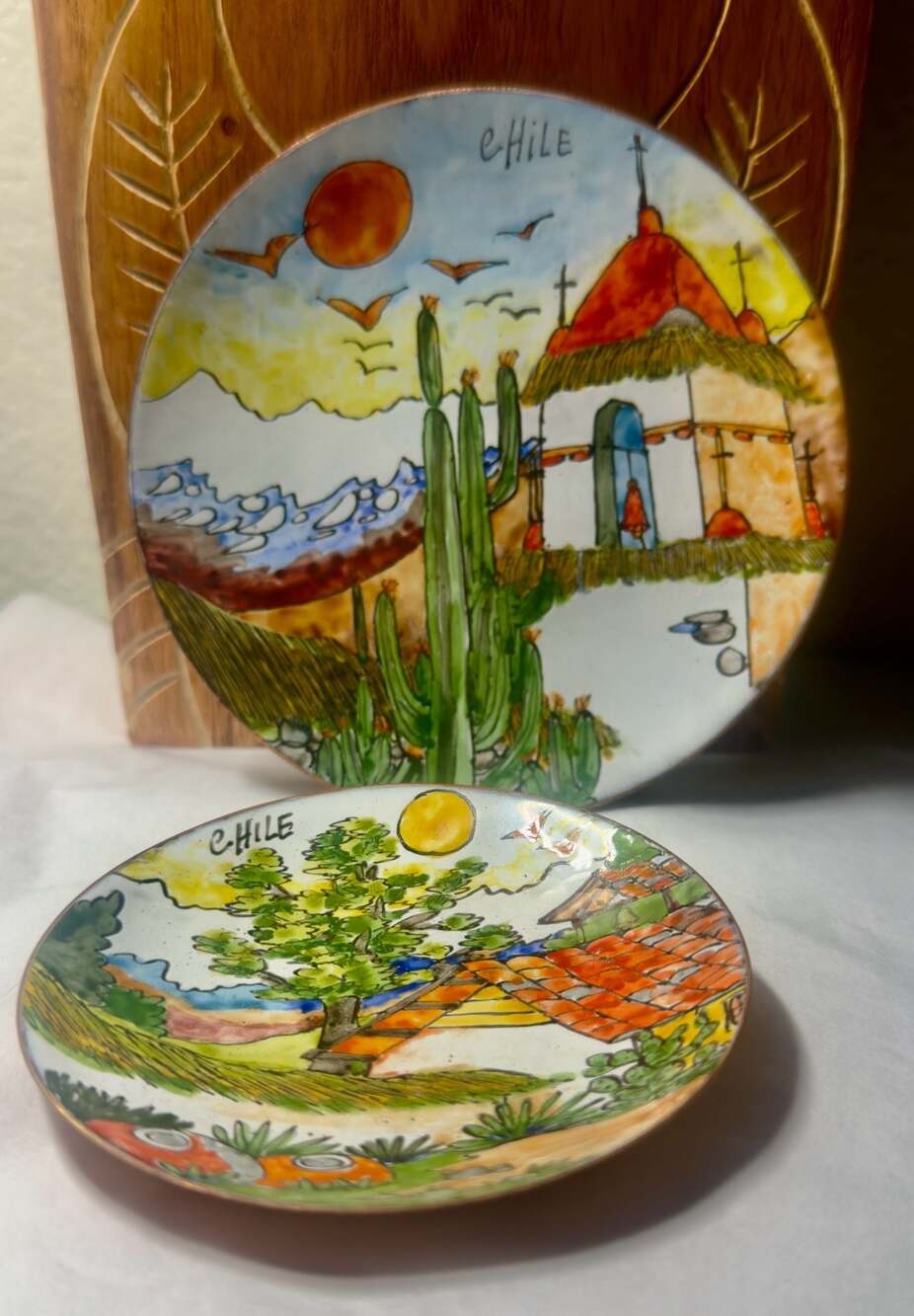 Vtg Set of 2 Chilean Wall Plates/Art Enamel on Copper
